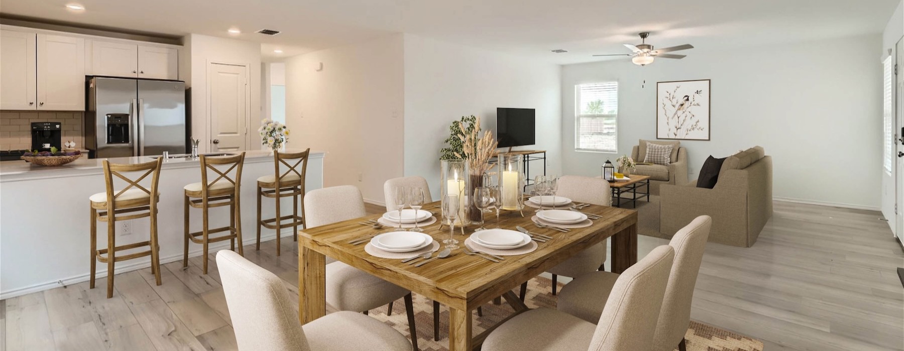 a large dining room with a large table and chairs